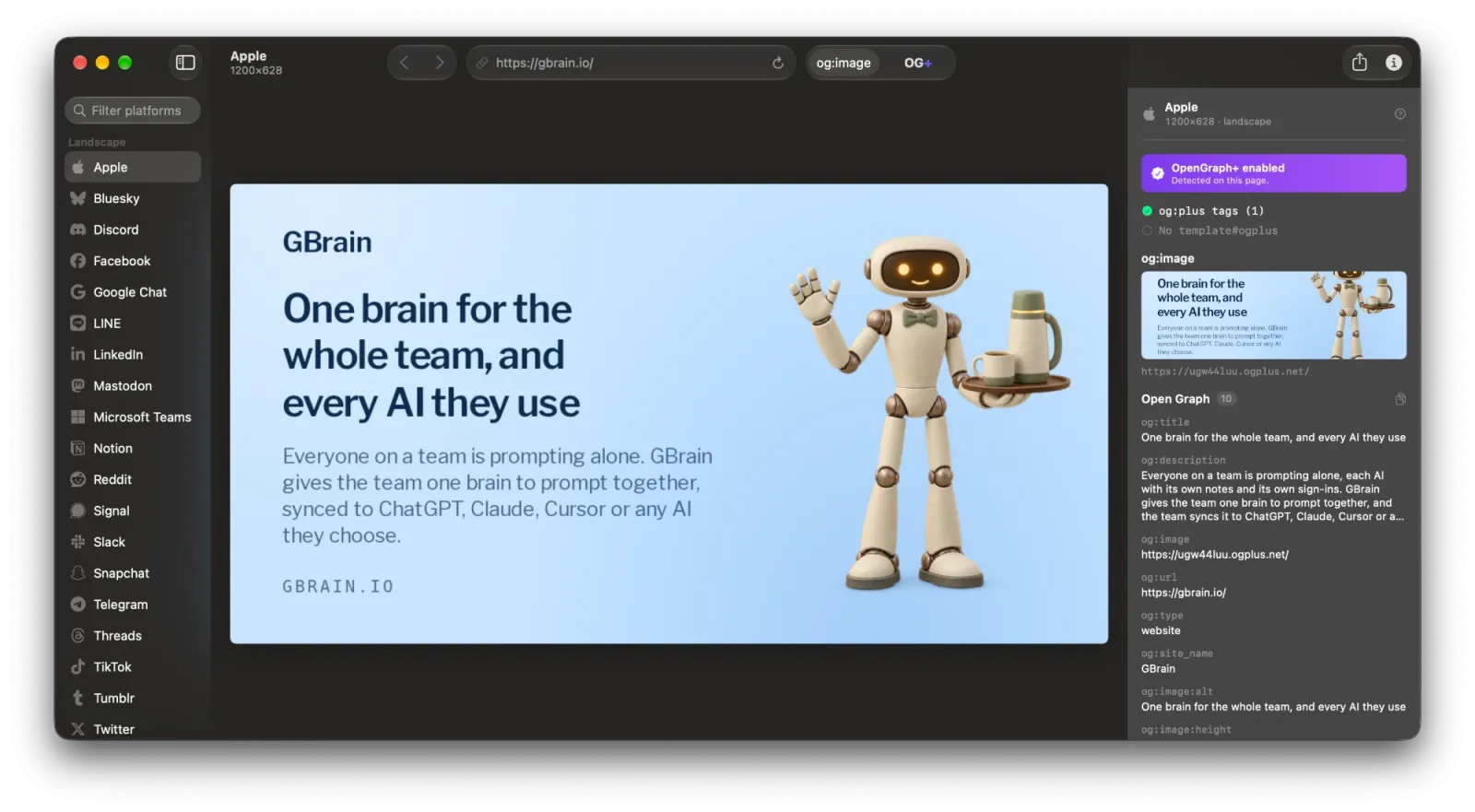 The OpenGraph+ Mac app previewing a link card and its Open Graph tags