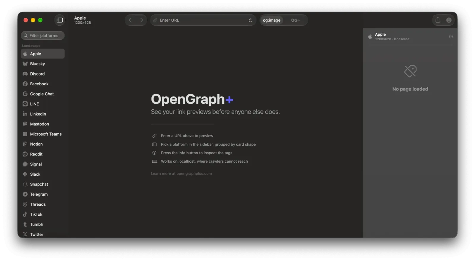 The OpenGraph+ Mac app ready for a URL, with every platform in the sidebar