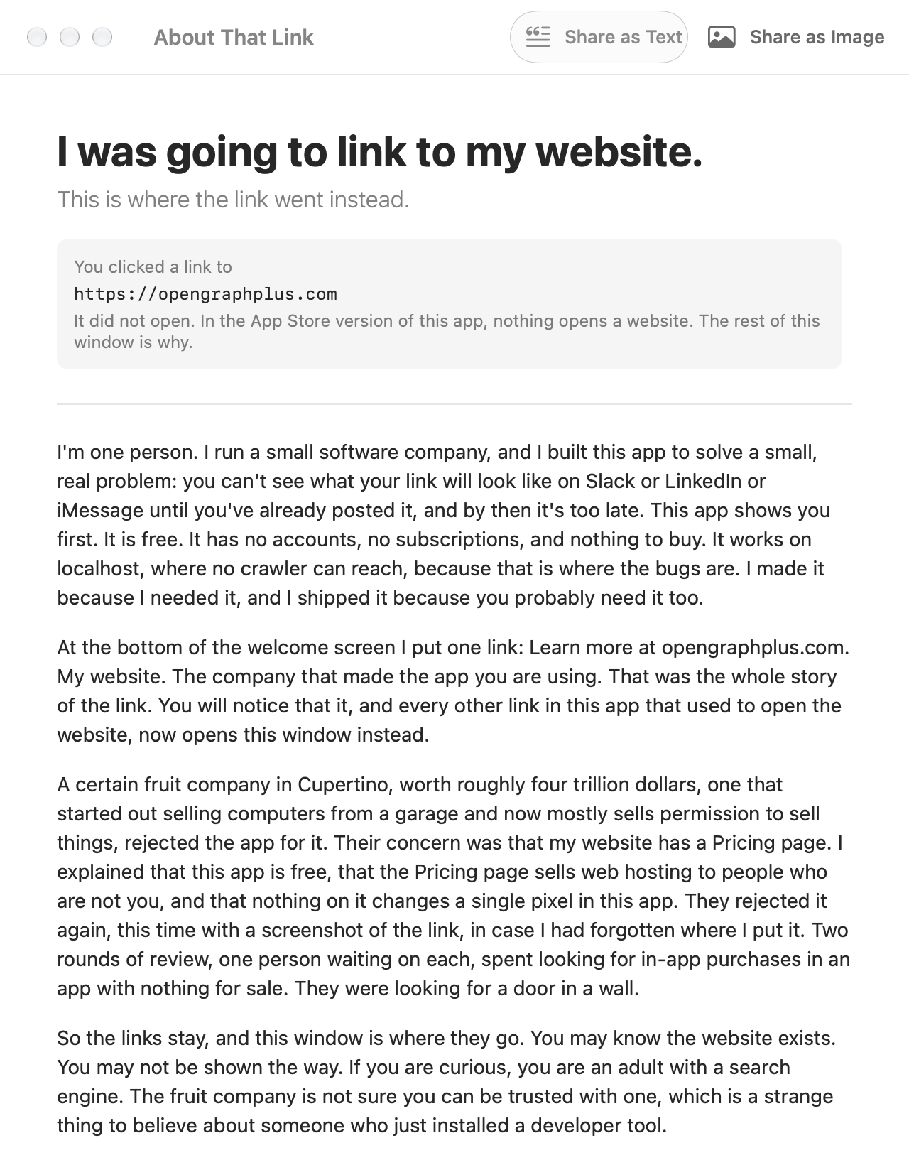 In the App Store build, the link opens a window titled About That Link instead of the website