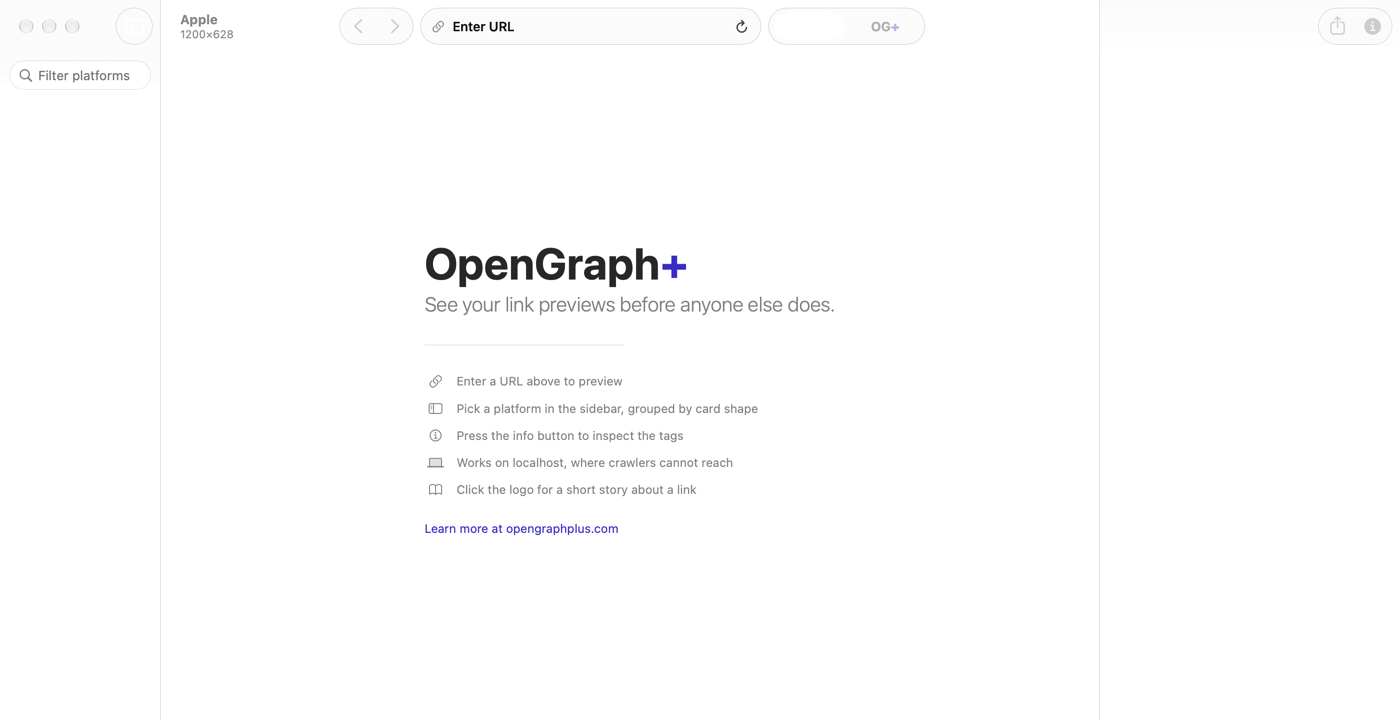 The OpenGraph+ welcome screen, with the link at the bottom